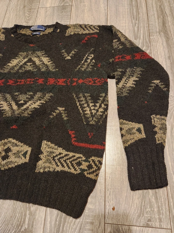 Винтажный шерстяной свитер ручной вязки Polo Ralph Lauren Southwestern Aztec Navajo M - Изображение 3 из 4