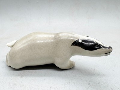 VINTAGE GLANZ GLASIERTE KERAMIK DACHS FIGUR GRAU & SCHWARZ WILDLIFE ORNAMENT