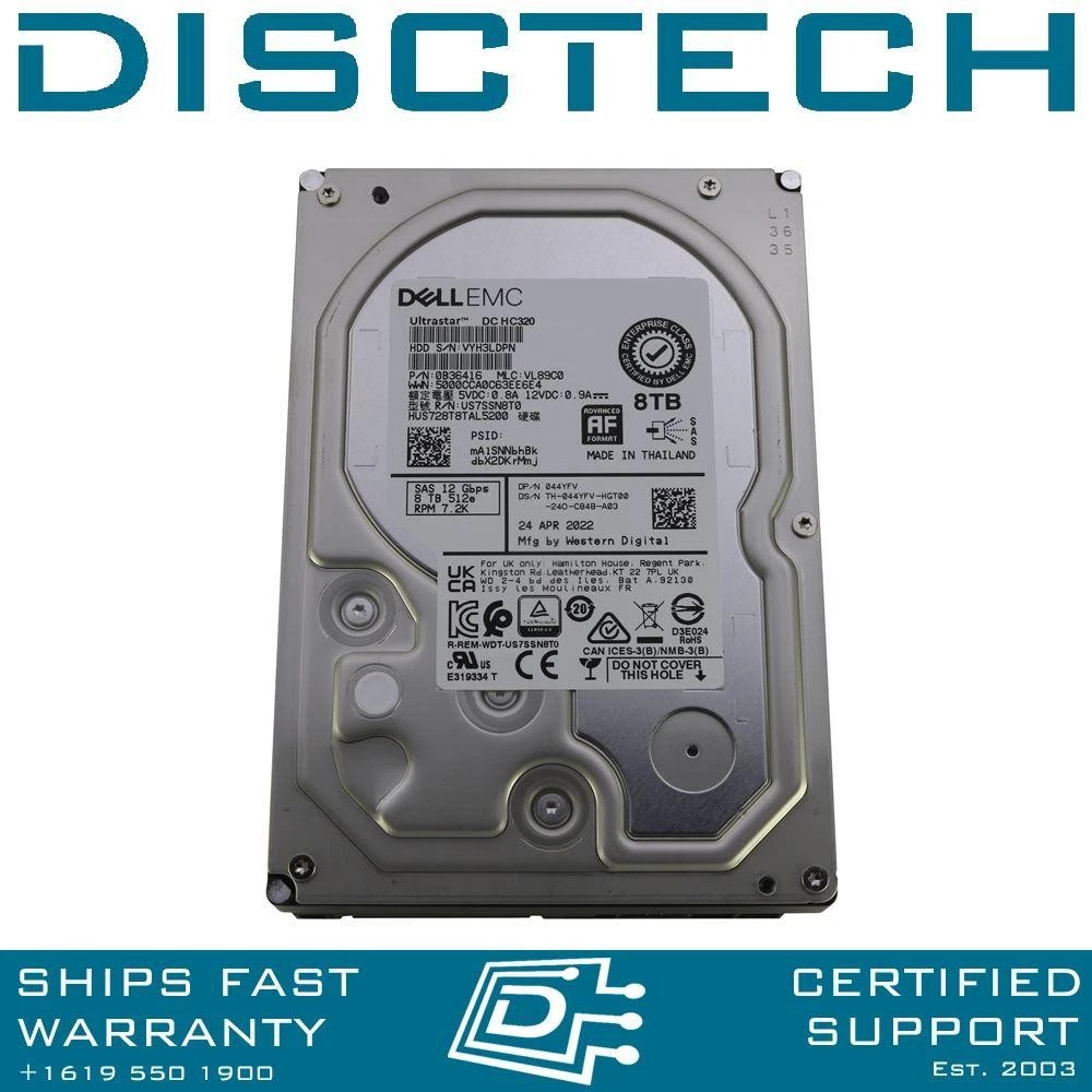 8TB SAS DELL 44YFV 7.2K 12Gbps HGST HUS728T8TAL5200 3.5in Hard