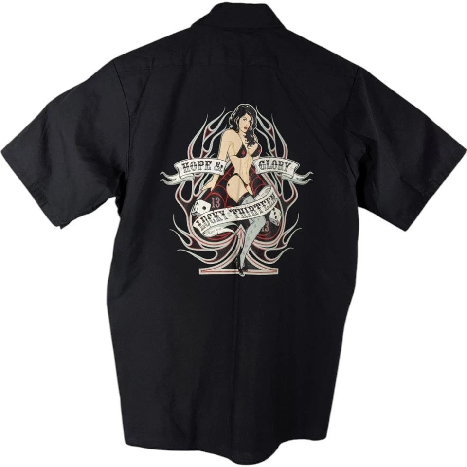 Lucky 13 Shirt Mens Medium Pinup Girl Cards Poker Black Graphic Bikini Biker - Image 2 of 4