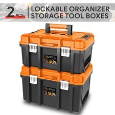 2Pcs Garage Locking Organizer Storage Portable Tool Box w/ Removable Tray Orange