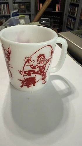 Hazel Atlas Milk Glass Mug Circus Vintage 1950s Red Clown Donkey Child's Cup
