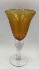 Artland Iris Amber Water/Wine Goblet Hand Blown Bubble Clear Stem 8.25"