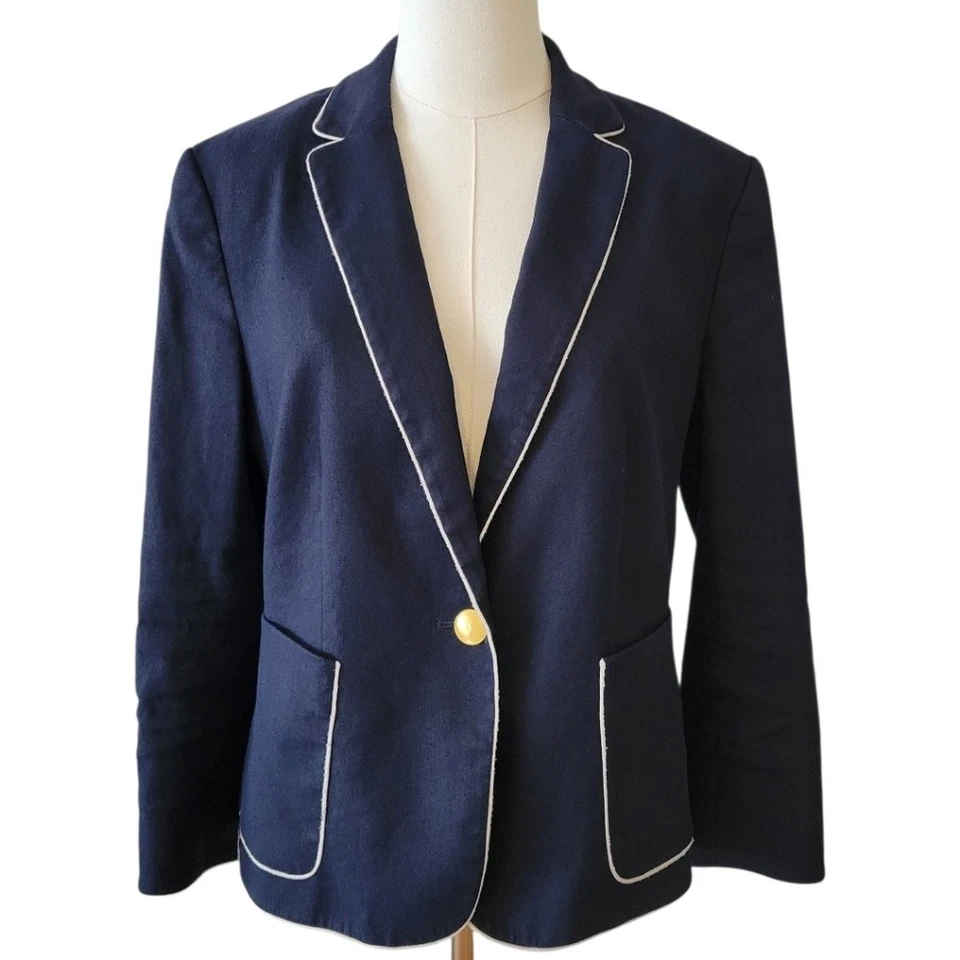 Chaqueta Blazer Ann Taylor Azul con Pipa Blanca Un Botón Talla 12 Foto 2 de 4