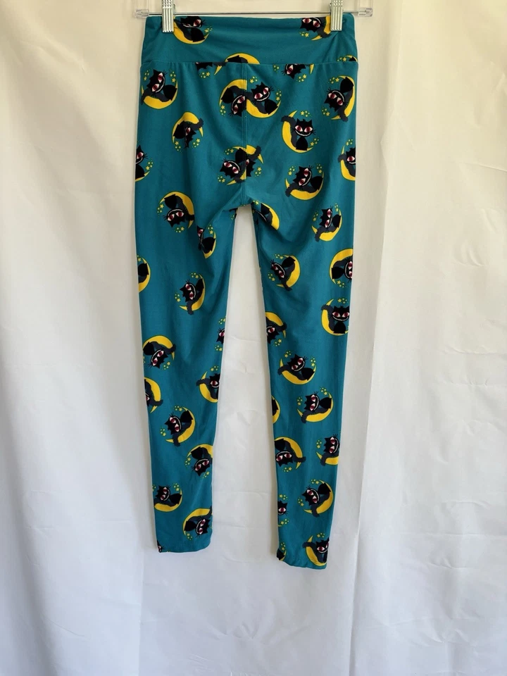 LuLaRoe Halloween Cheshire Cat Moon OS Leggings Blue Yellow - Image 2 of 4