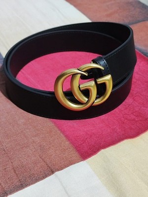 GUCCIゴールドロゴブラックベルト Gucci Gold GG Buckle Black leather Belt Wide 1.5