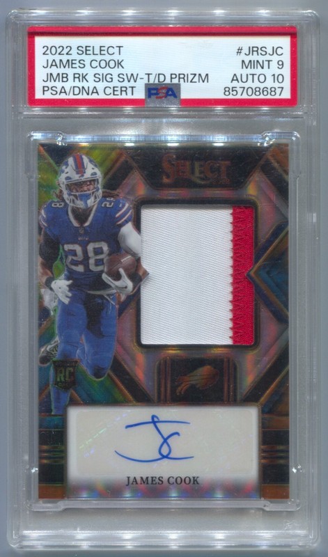 2022 Select James Cook Rookie Tie-Dye Prizm Jumbo 2 Color Patch Auto #/25 PSA 9