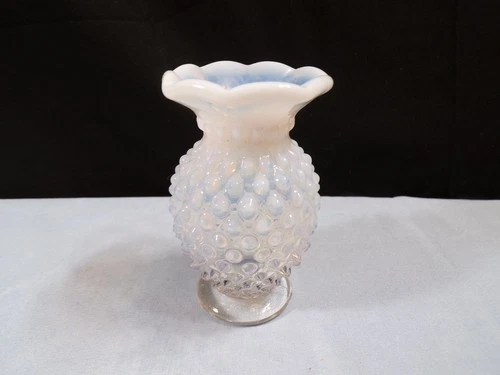 Fenton French Opalescent Glass Hobnail Mini Miniature Vase w/ 8 Point Crimp Top