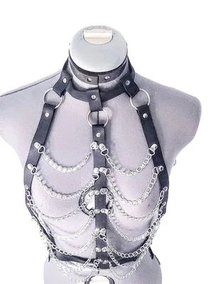 Women's Leather and Chain Body Harness/ Jewelry Set Black Silver One Size - Image 1 of 4