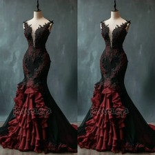 Gothic Red Black Prom Dresses Tiered Ruffles Lace Applique Mermaid Evening Gowns