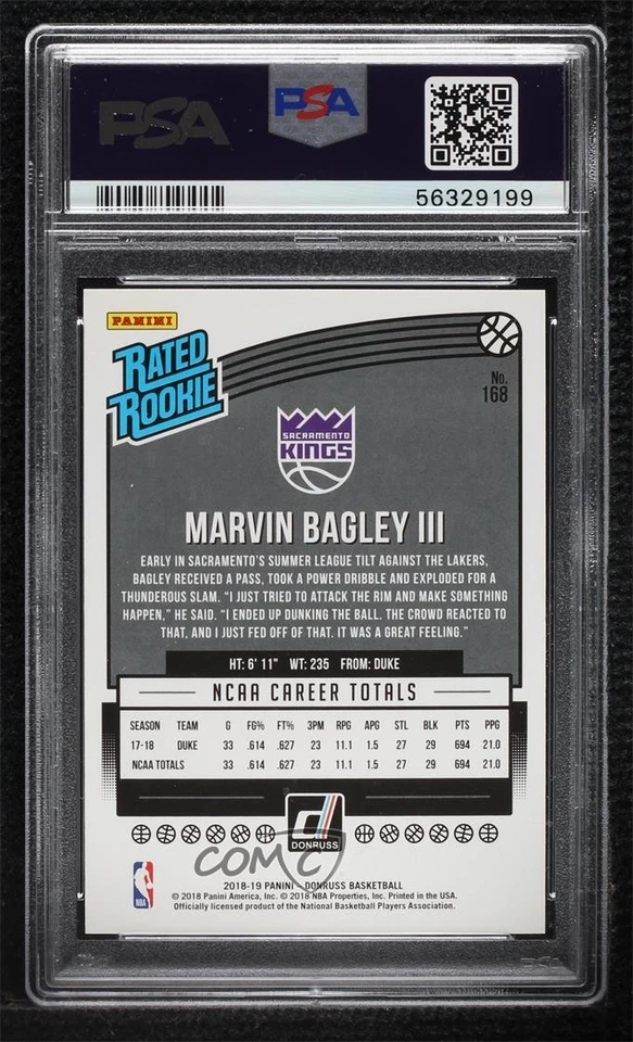 2018 Donruss Rated Rookies Press Proof Silver Marvin Bagley III PSA 10 Rookie RC - Image 2 of 2