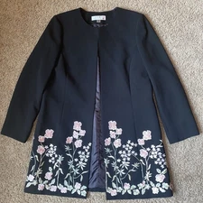 Tahari Arthur S. Levine Blazer Women’s 12 Black Open Long Embroidered Floral