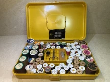 Vintage Wilson Wil-Hold Thread Spool Case Yellow + 65 Thread Coats & Clark’s Etc