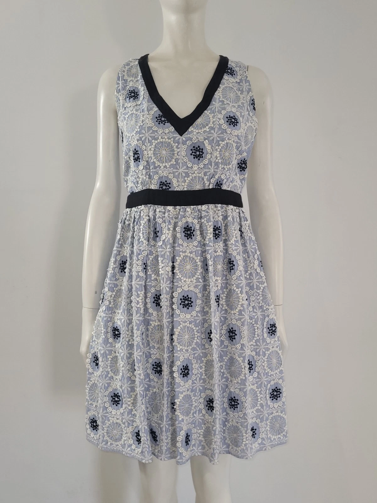 Abito Moschino blu gessato UK 10 EU 38 ricamato floreale midi sole swing tè