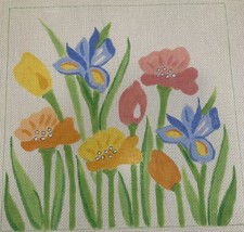 LOOPHOLES Needlepoint Canvas Vintage Flowers Floral Iris Blue Yellow Orange Pink