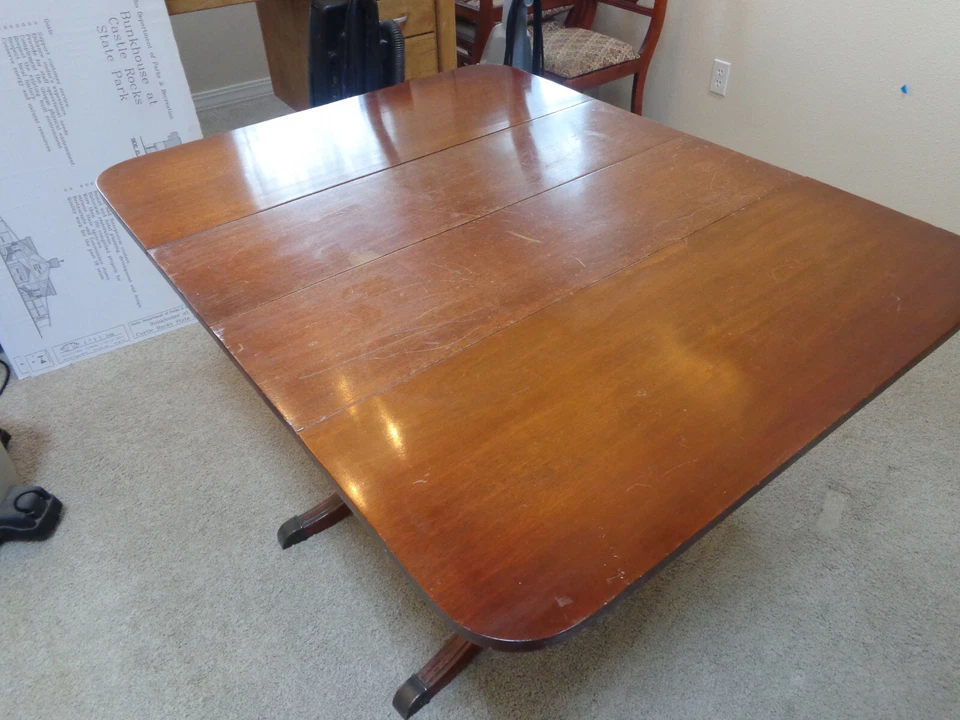 Mesa de comedor Duncan Phyfe Drop Leaf, 1927 Lex Chair Co, extensión, almohadillas, 5 sillas Foto 3 de 4