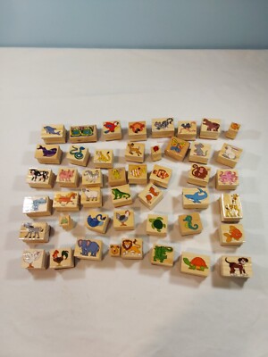 Huge Lot of 46 Animals Zoo Safari Wild Jungle Farm Pets Wooden Rubber Stamp