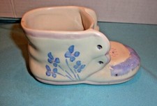 ADORABLE VINTAGE WHITE  BLUE FLORAL CERAMIC BABY SHOE PLANTER