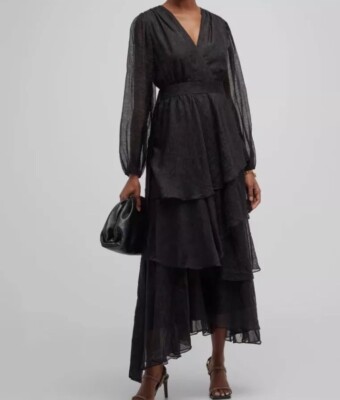 $428 Marie Oliver Women's Black Tessa Tiered Jacquard Maxi Dress Stevi Nicks
