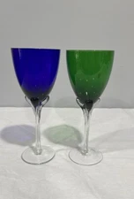 Tulip handblown Art Glasses Petal Wine Goblets Glasses Green cobalt blue set 2