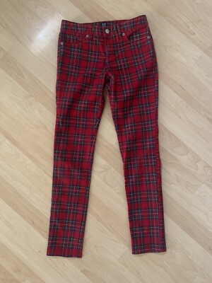 Gap Girls Skinny Stretch Red Tartan Plaid Jeans 14