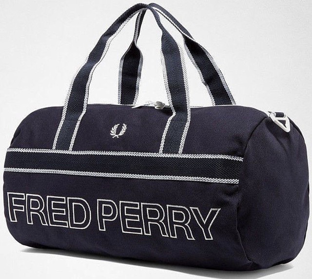 Fred Perry 2021 Sports Canvas Barrel Bag Navy Gym Laptop Work Travel