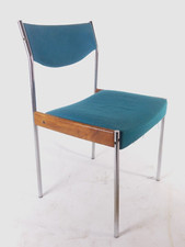 Chrom Stahlrohr Holz Palisander Esszimmerstuhl Stoff Petrolblau 60er Jahre