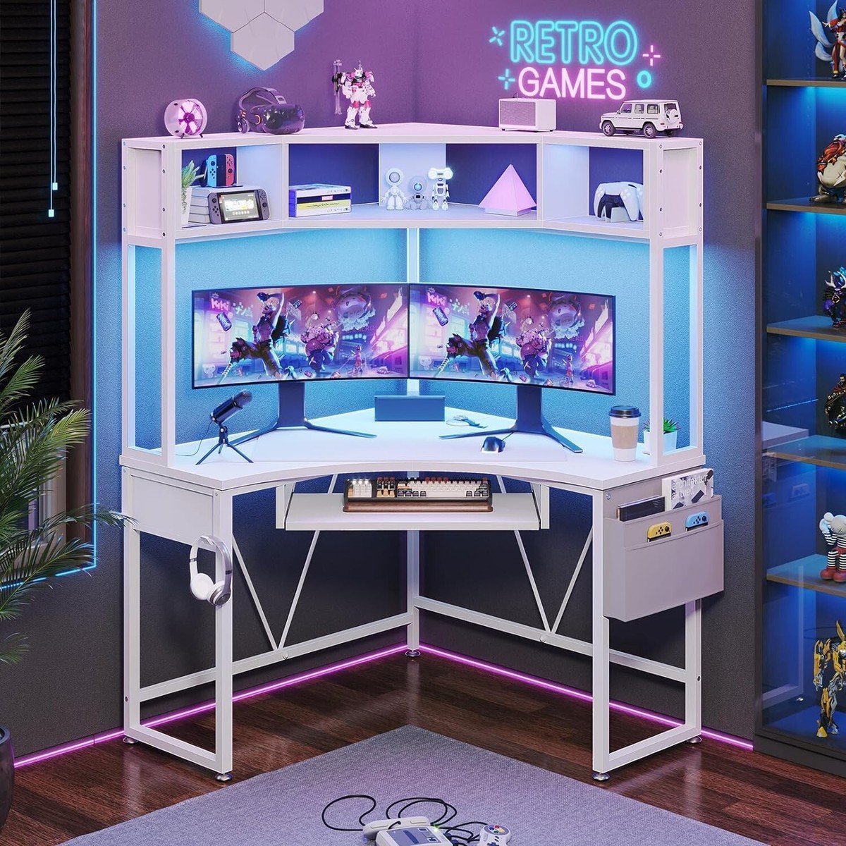Corner Desk, Small Computer Desk with Hutch & LED Lights, Small