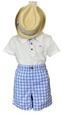 Tommy Bahama Kids White Polo Shirt Blue Gingham Shorts Fedora Matching Set 3T