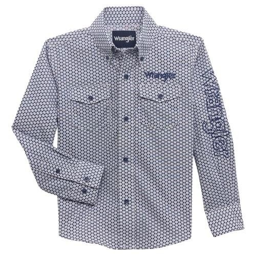 Wrangler Boy's Long Logo Sleeve Geo Print Snap Western Shirt Blue/White - Picture 5 of 8
