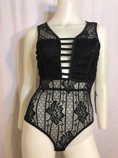 NEW SHEER BLACK BODYSUIT ONE PIECE LATTICE FRONT INTIMATE LINGERIE MEDIUM 38