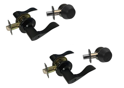 2 Matte Black Finish Entrance Keyed Entry lever Deadbolt Combo Door Handle Lock - 第 1/5 張圖片