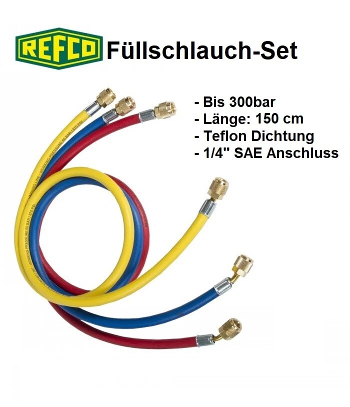 Refco High Quality Kältemittelschlauch, Füllschlauch-Set 1/4" SAE Länge: 150 cm