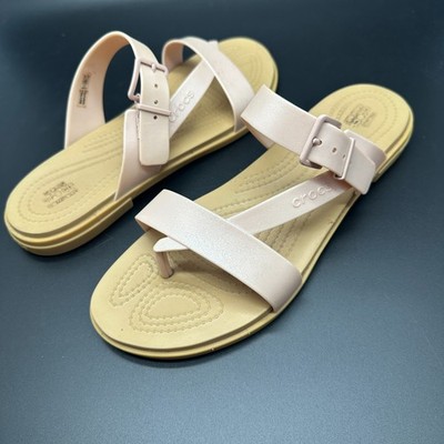 Crocs Tulum Toe Post Sandal Metallic Pink Clay Tan Women 10 Slip On Buckle