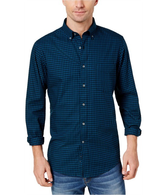 Club Room Mens Gingham Long Sleeve Button Up Shirt, Blue, Small