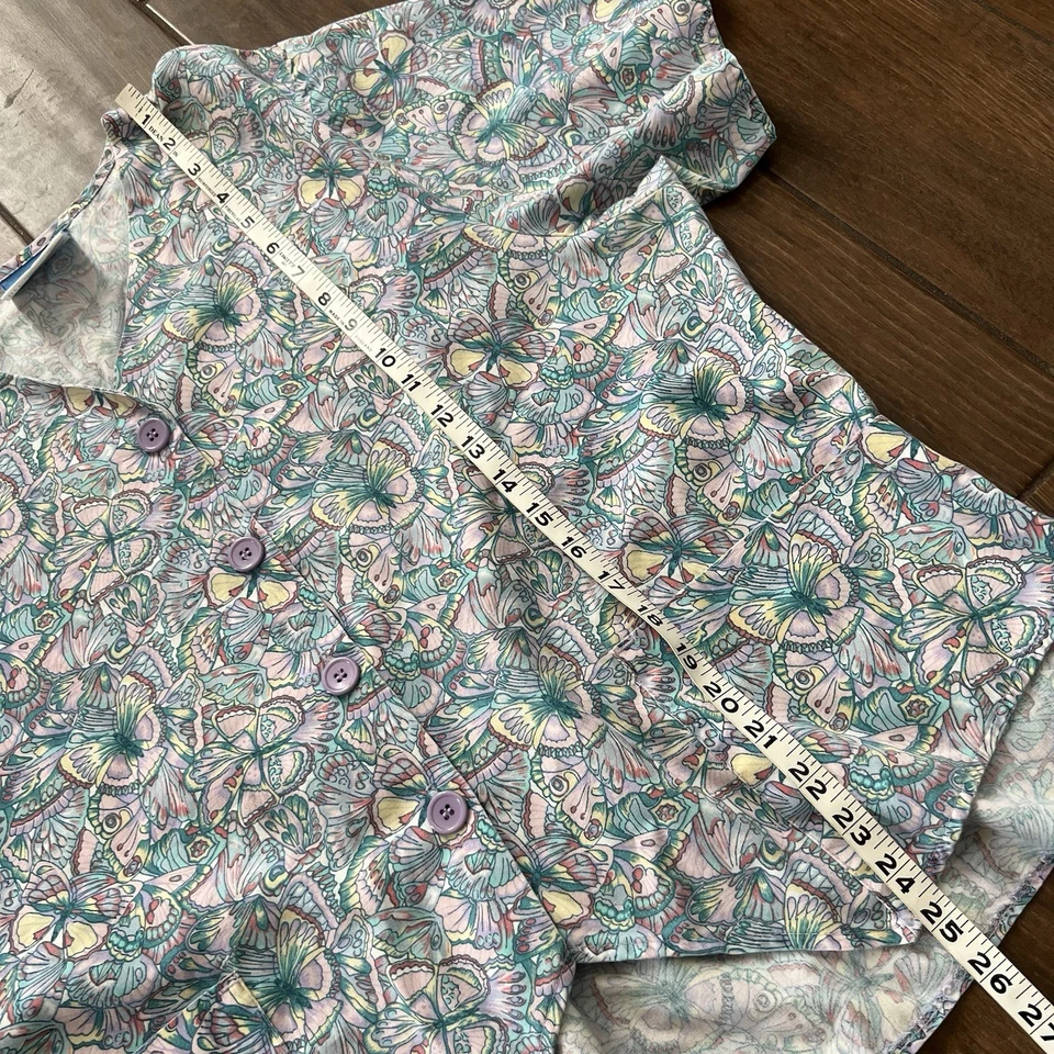 Vintage Crest Pastel Butterfly Floral Button Down Short Sleeved Scrub Top sz XL - Image 4 of 4