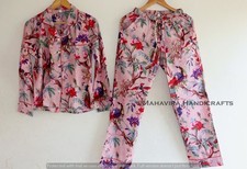 Indian Cotton Bird Print pink hippie Sleepwear gypsy Women Pajama set