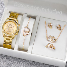 6-Piece Women's Quartz Watch Jewelry Set with Rhinestone Stainless Steel Band