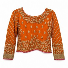 Indian Style Blouse Orange Gold Zardosi Embroidered Saree Choli Long Sleeve