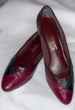Vintage Selby Shoes Womens 10 M Kitten Heels 80s Color block Burgundy Red Green