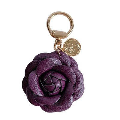 Leather Flower Keychain Bag Charm, Rose Shape, Silver Gray (PurpleD)