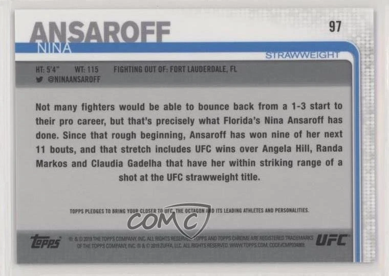 2019 Topps Chrome UFC Diamond Hot Box Nina Ansaroff #97 Rookie RC - Image 2 of 2