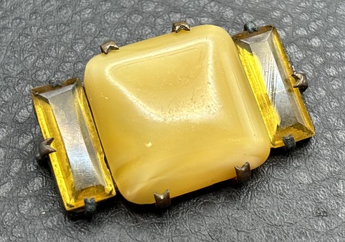 Vintage Art Deco Czech Yellow Glass Open Back Old Clasp Brooch Pin