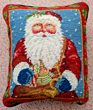 Vintage Christmas Santa Claus w/ Bag Toys Velvet Needlepoint Pillow 12" x 10"