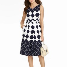 Talbots Navy Blue Geometric Textured Sleeveless Tie Waist Pockets Flare Dress 10
