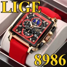 LIGE Top Brand Luxury Men's Rectangle Silicone Sport Date Wristwatch