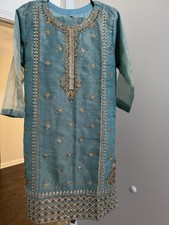 Pakistani Organza blue and gold embroidery Shirt trouser With dupata M size