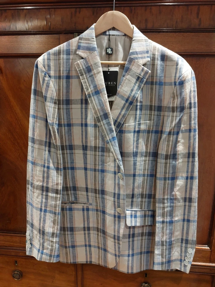 Lauren RALPH LAUREN 100% LINEN Summer Jacket Size 42R Tan/Blue NEW + Tags - Image 3 of 4