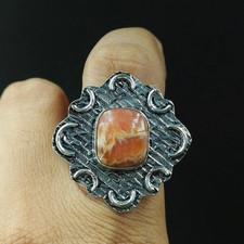 925 Sterling Silver Natural Rhodochrosite Gemstone Handmade Ring Size-7.5 US 