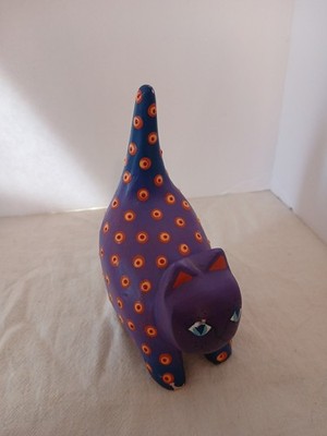 FOLK ART Carved Funky Cat Figurine Blue Purple